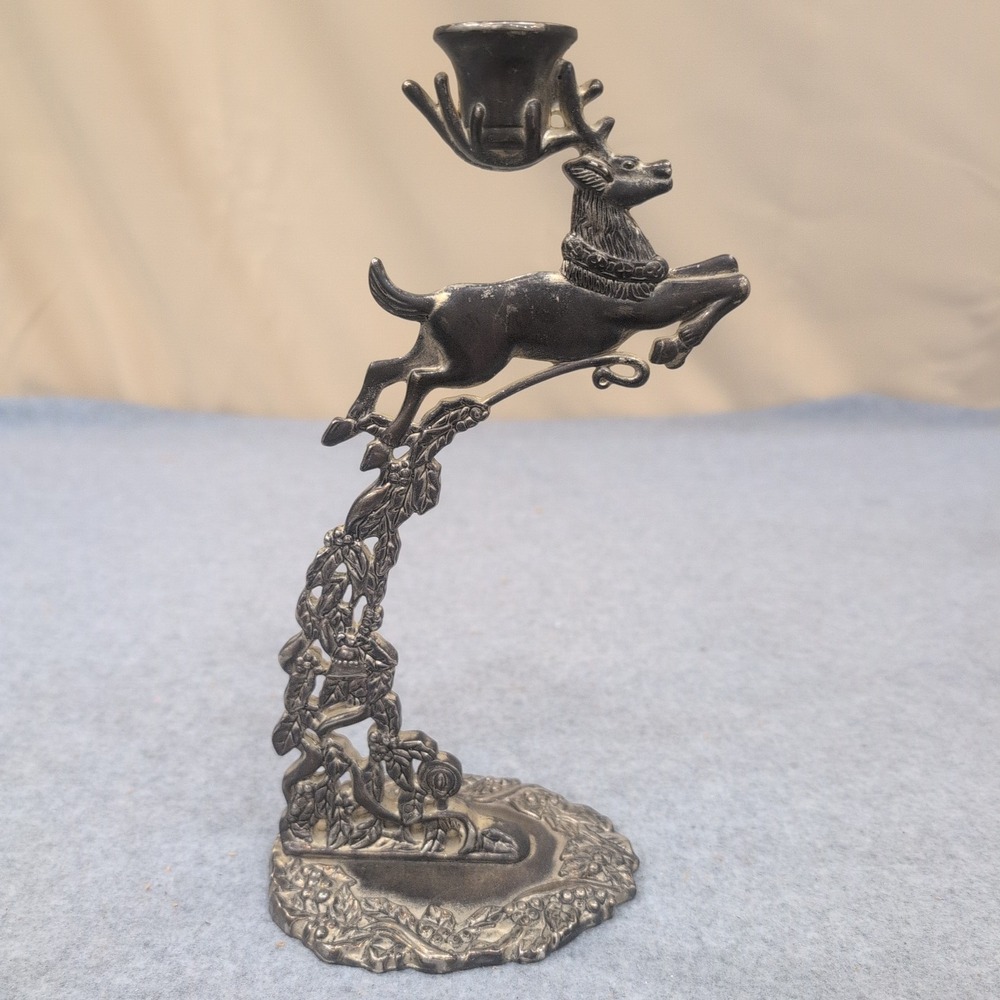 Silver Tone Leaping Reindeer Taper Candle Holder Holly Berry Base Holiday Decor - Picture 4 of 7
